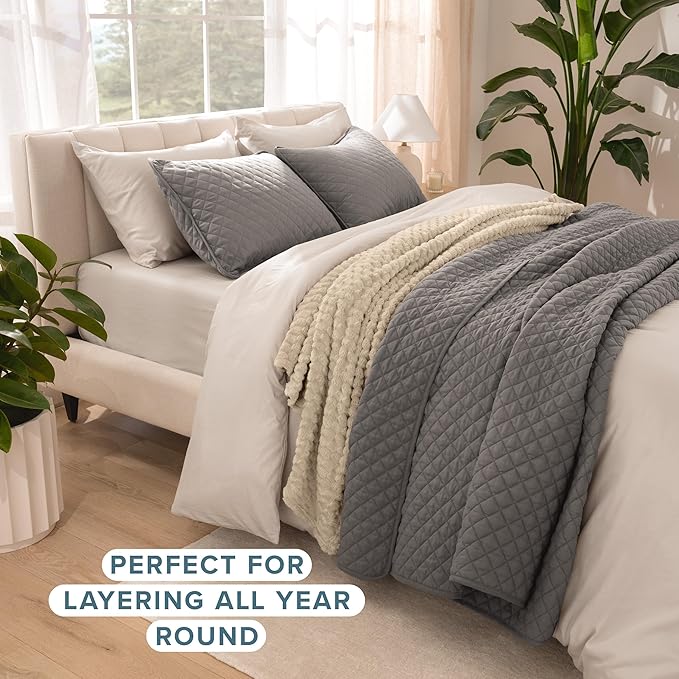 Bare Home Coverlet Set - Full/Queen - Lightweight Bed Decor - Comforter Alternative - All-Season Quilted Bedspread (Full/Queen, Grey)