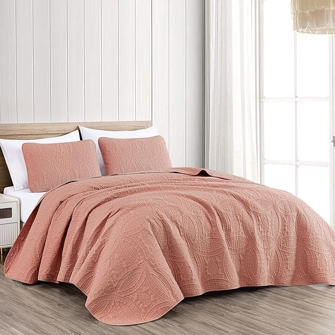 Chezmoi Collection Austin 3-Piece Oversized Bedspread Coverlet Set (Queen, Salmon)