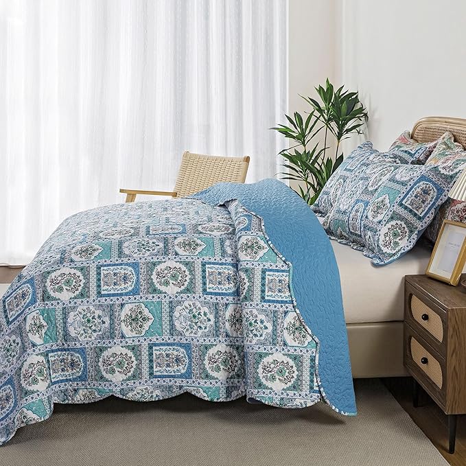 HoneiLife King Quilt Bedding Sets - 3 Piece Microfiber Quilt Set Rustic Bedspread Set Floral Coverlet Sets for King Bed
