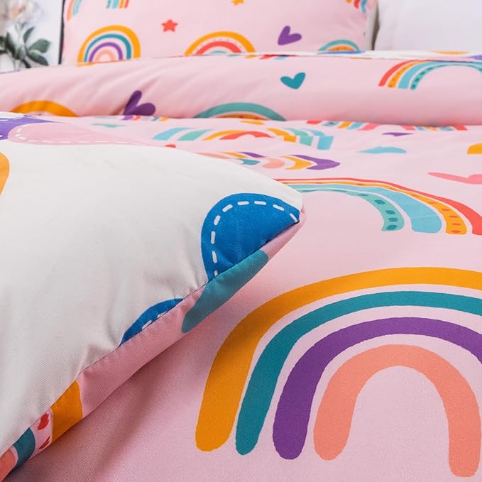 Btargot Lightweight Soft 3 Piece Rainbow Comforter Set with 2 Pillow Covers, Cartoon Love Hearts Flowers and Sun Moon Star Bedding Set for Girls Boys Kids, Full Blush