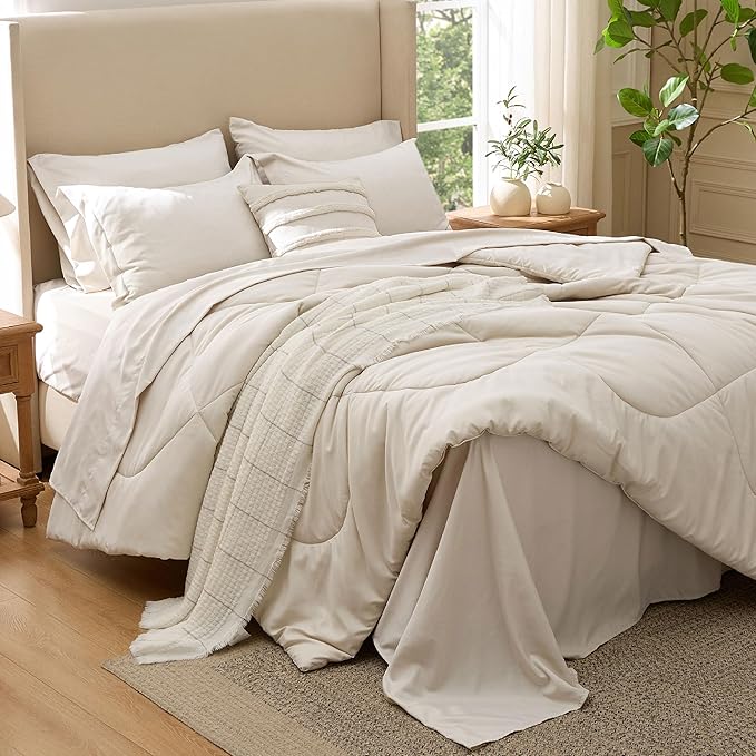 Bedsure 7 Pieces Queen Comforter Set Premium Series, Hotel Luxury Soft Bed in a Bag, Goose Down Alternative, Safe for Sensitive Skin Bedding Comforter All Season Medium Warmth, Beige Wavy Quilted