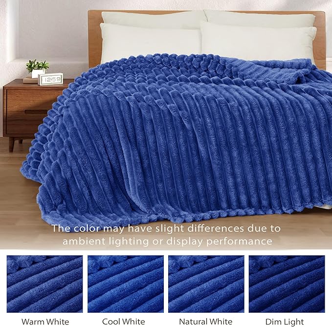 Exclusivo Mezcla King Size Flannel Fleece Blanket, Super Soft Striped Jacquard Bed Blanket, Lightweight Fuzzy Cozy for All Seasons, 90x104 Inches, Cobalt Blue