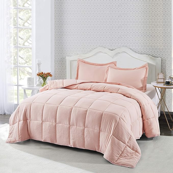 HIG 3pc Prewashed All Season Down Alternative Comforter Duvet Insert -Quilted Comforter with Corner Tabs -Box Stitched -250GSM Fiberfill Chic Farmhouse Style Bedding(Queen,Peach Pink)