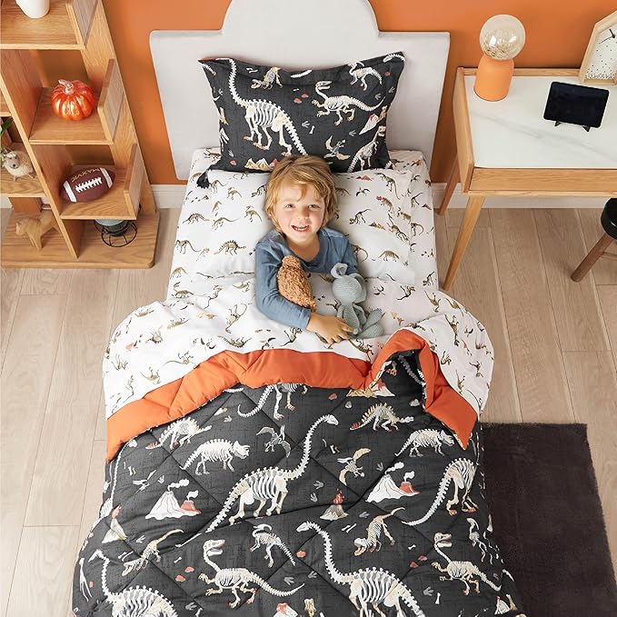 Grey Dinosaur Twin Comforter for Boys, 5 Pieces Kids Bedroom Bedding Set with Sheets and Pillowcase, Super Soft Lightweight for All Seasons, Machine Washable