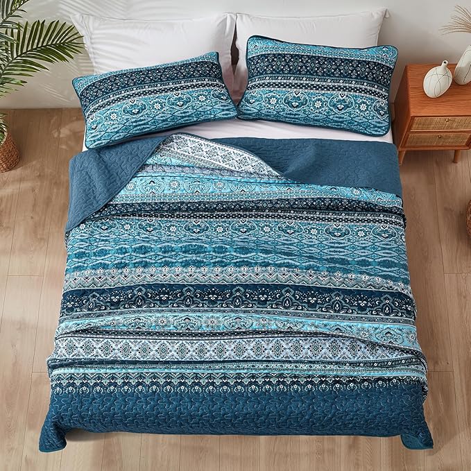 WONGS BEDDING Boho Quilt Set Twin Size, Blue Bohemian Twin Quilt Bedding Set, Lightweight Microfiber Bed Decor Bedspread with Pillow Sham for All Season 68"x86"(2 Pieces)