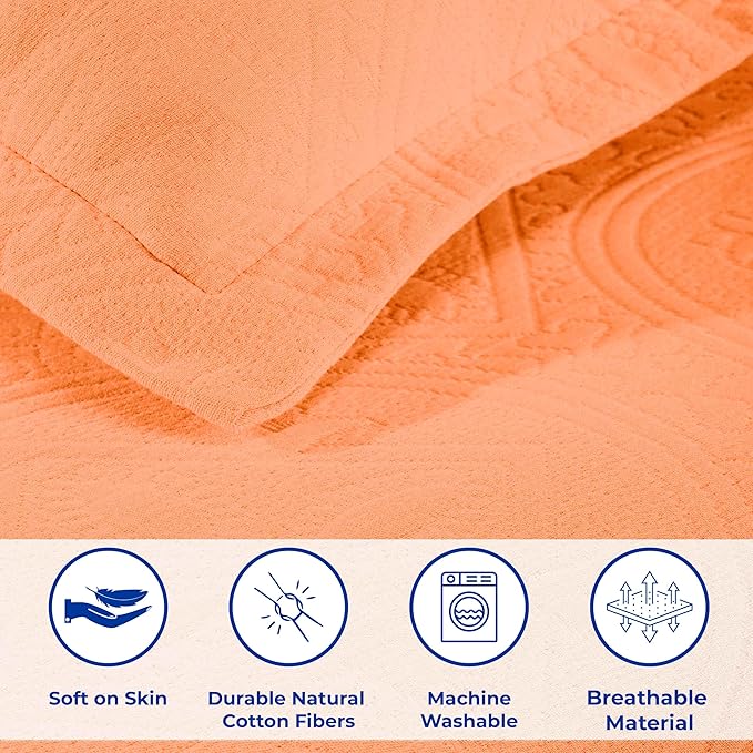 Superior 2 Piece Celtic Circles Cotton Bedspread Set, Decorative Bed Spread, Home Bed Decor, 1 Pillow Sham, Medium Weight Blanket, Matelasse Coverlet Bedding, Wedding Ring Design, King, Salmon
