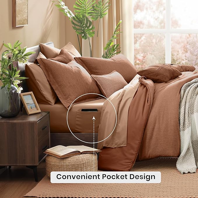 Monbix California King Comforter Set - 7 Pieces Cationic Dyeing Autumn Leaf Bed in a Bag Cal King Bed Sets with Comforter, Sheets, Pillowcases & Shams, Reversible Bedding Comforters Sets