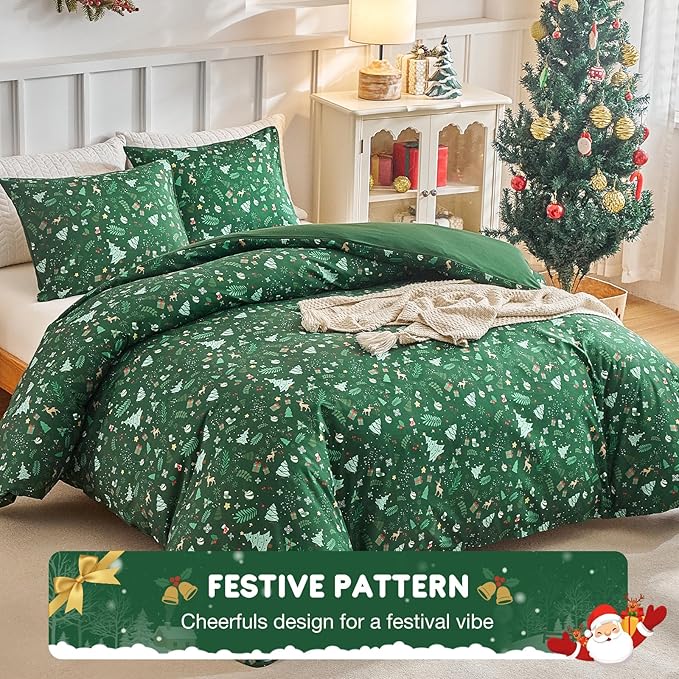 Lekesky Christmas Duvet Cover Queen Size,3 Pieces Reversible Duvet Cover Set with Red Snowflake Holiday Bedding Set with Zipper and 8 Corner Ties (Queen,90"x90"),Green