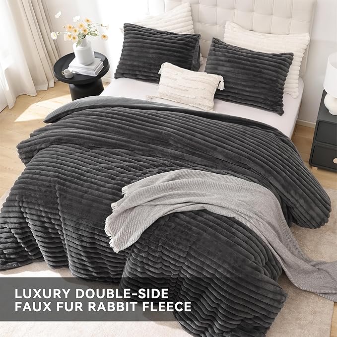 Smoofy Fluffy Twin Comforter Sets 2 Pieces - Dark Grey Fleece Fluffy Comforter Set, Luxury Fuzzy Twin Bedding Set, Soft Warm Comforter All Season, Heavy Faux Fur Comforter with Pillow Cases