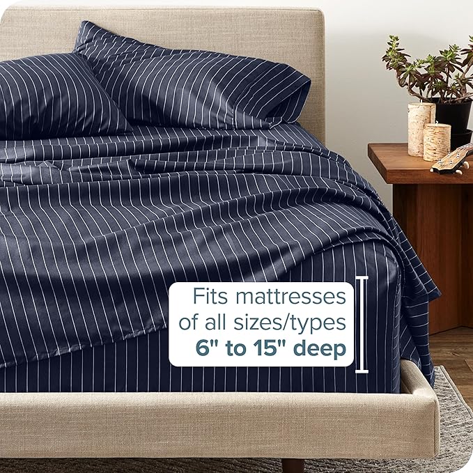 Bare Home Queen Sheet Set - Luxury 1800 Ultra-Soft Microfiber Double Brushed - Deep Pockets - Easy Fit - 4 Piece Set (Queen, Pinstripe - Midnight/White)