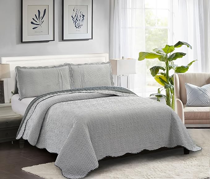 Brilliant Sunshine Multi Grey Stripes Patchwork, 3-Piece Quilt Set with 2 Shams, Reversible Bedspread, Soft Lightweight Coverlet, All-Season, King, Multi Grey