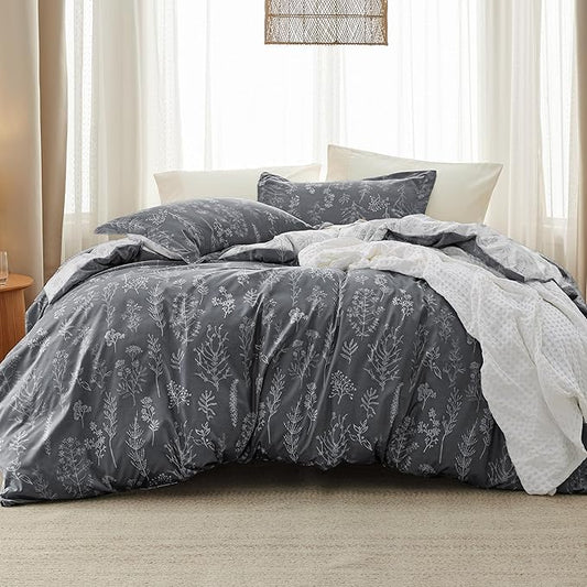 Bedsure Oversized Queen Comforter Set - Dark Grey Bed Set, 3 Pieces Cute Floral Bedding, 1 Soft Reversible Botanical Flowers Comforter and 2 Pillow Shams