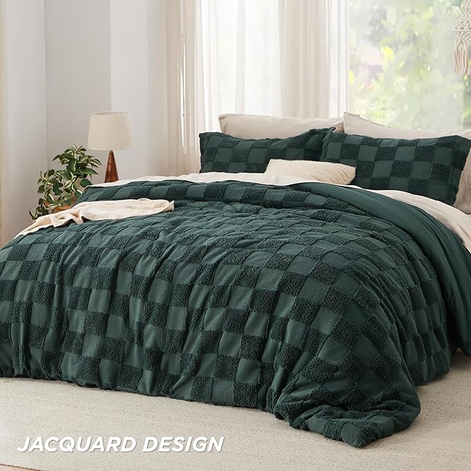 Bedsure Twin/Twin XL Comforter Set Emerald, Boho Tufted Bed Set, Checkered Farmhouse Shabby Chic Bedding, 2 Pieces, 1 Plaid Geometric Comforter and 1 Pillow Sham