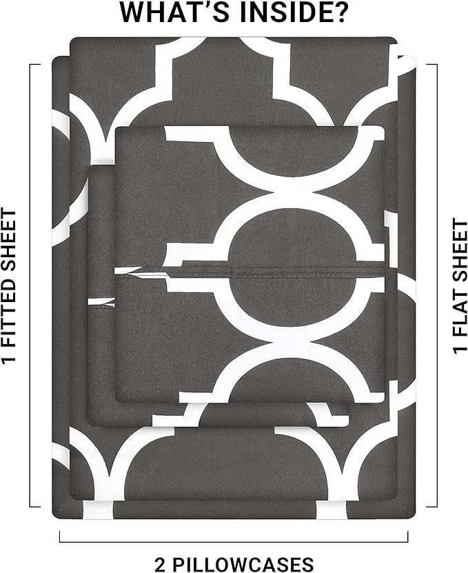 Utopia Bedding Full Sheet Set, Soft Microfiber 4 Piece Bed Sheets with 15" Deep Pocket - Easy Care Brushed Microfiber (Quatrefoil - Grey)