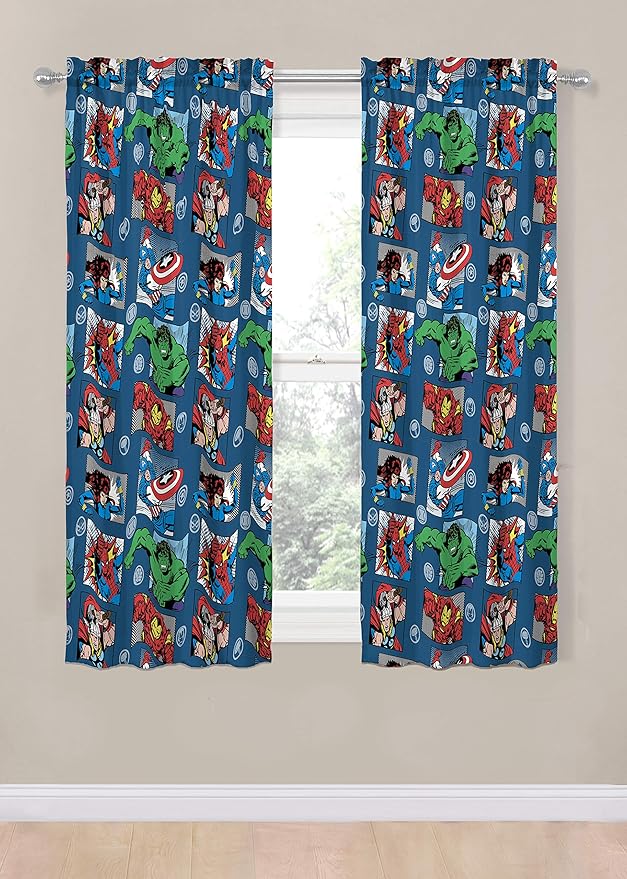 Jay Franco Marvel Avengers Fighting Team 63" Inch Drapes - Beautiful Room Décor & Easy Set Up, Bedding - Curtains Include 2 Tiebacks, 4 Piece Set (Official Marvel Product)