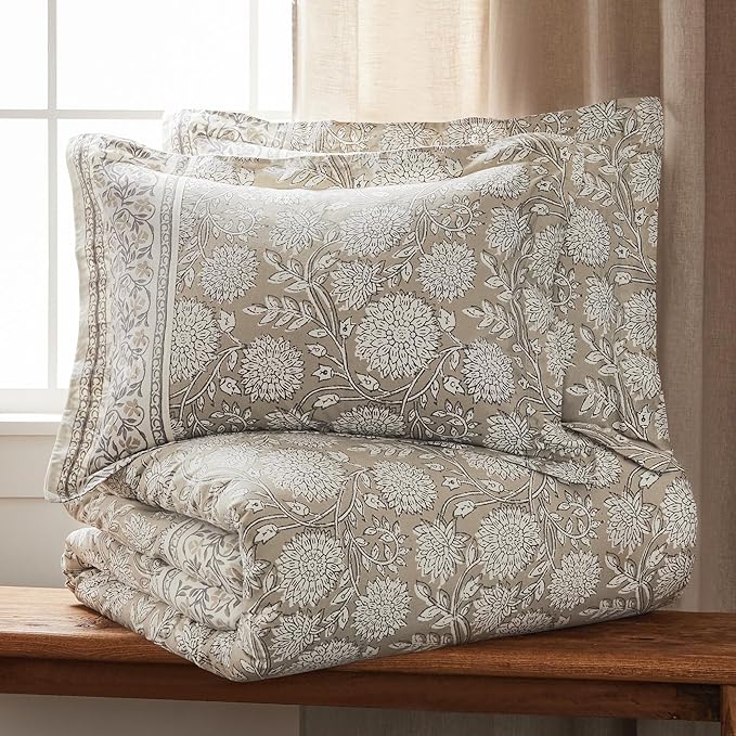 Levtex Home Adare Taupe Reversible Queen Duvet Cover Set (90x94in) with 2 Pillowcases (26x20in) - Floral Bedding - Taupe and White - 100% Cotton Queen Size Duvet Cover Set - Soft, Pre-Washed