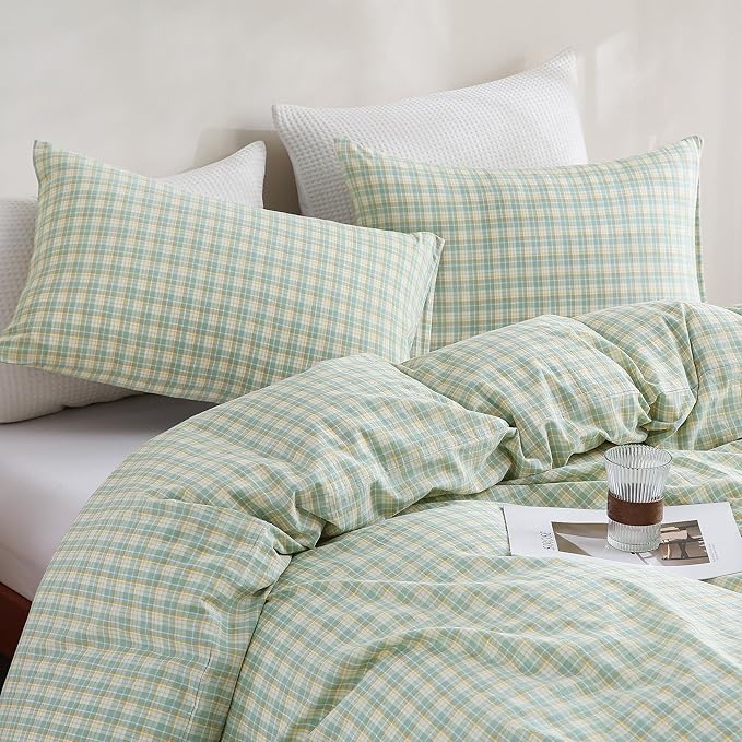 TOCOMOA Plaid Duvet Cover Set 100% Washed Cotton Like Linen Feel Super Soft Comfy 3 Piece Green and Yellow Gingham Checkered Bedding Comforter Cover Set (King 104"x90", Comforter Not Included)