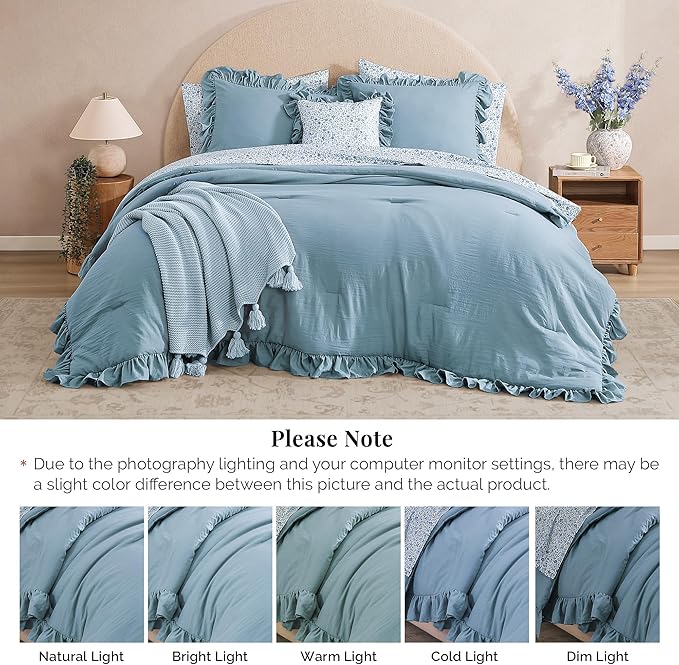 Oversized Queen Comforter Set - 7 Pieces Ruffle Blue Bedding Sets, Shabby Chic Farmhouse Bed in a Bag with Ruffle Comforter, Floral Sheets, Pillowcases & Shams
