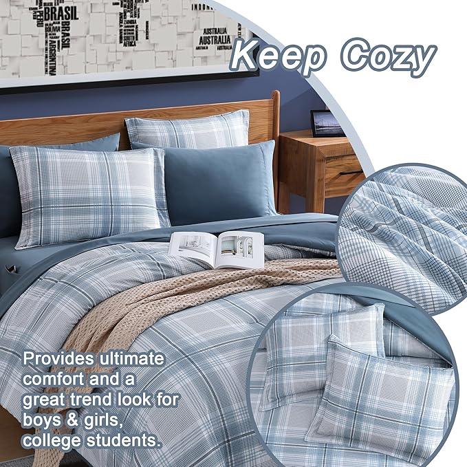 Blue Comforters Queen Size, Plaid Queen Bedding Sets for Boys & Girls,Classic Homestead-Style Bed in A Bag Queen with Sheets and Comforter Set (Light Blue,Queen,90"*90")