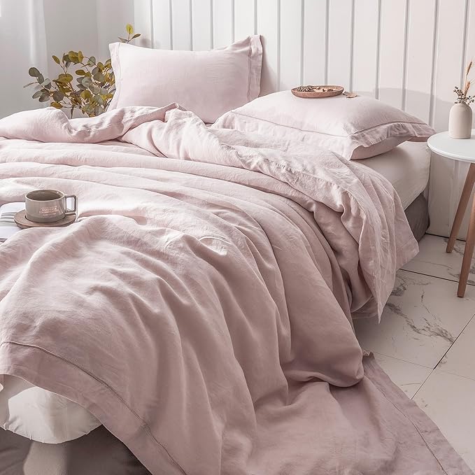 Simple&Opulence 100% Washed Linen Duvet Cover with Embroidered, 2 Pieces Soft Farmhouse Comforter Set with Button Closure,1 Duvet Cover and 1 Pillowsham(Twin,Dusty Pink)