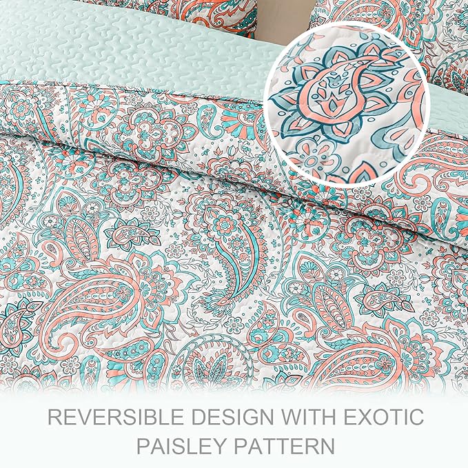 Exclusivo Mezcla Reversible Boho Quilts King Size, Aqua Bedspreads Lightweight Coverlet All Season Paisley Quilt Bedding Set with Printed Floral Pattern (1 Quilt, 2 Pillow Shams)