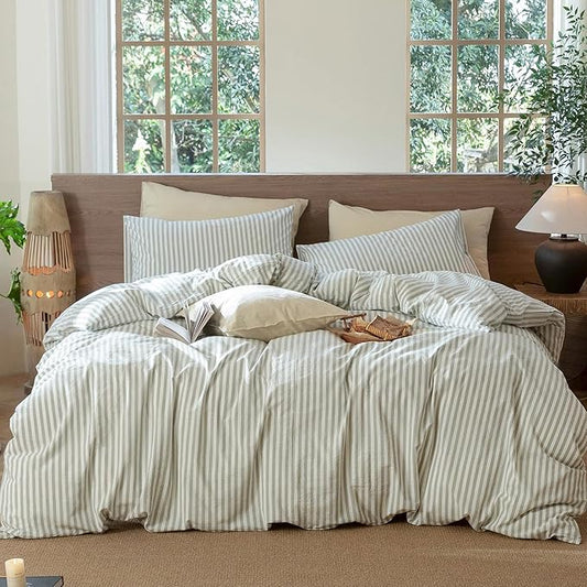 MooMee Striped Duvet Cover Set 100% Washed Cotton Linen Like Textured Breathable Durable Soft Comfy (Sage Green White Classic Stripes, King 104"x90")