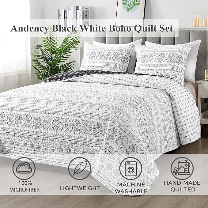 Andency Black White California King Quilt Set, 3 Pieces Boho Lightweight Soft Striped Cal King Bedspread for All Season (112"x104"), Printed Bohemian Microfiber Reversible Coverlet Comforter Sets