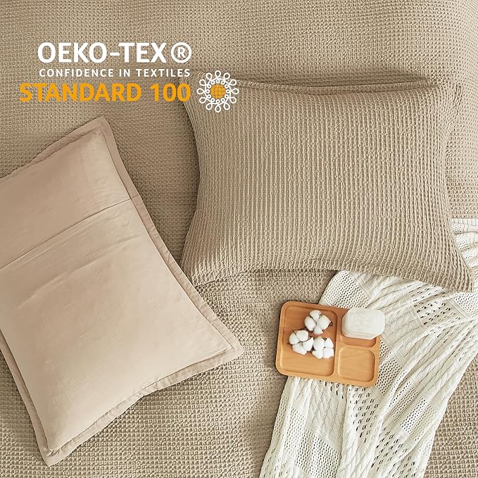 SE SOFTEXLY Waffle Duvet Cover King, 100% Cotton Waffle Weave Bedding Duvet Cover Set, Soft and Breathable Comforter Cover for All Season, 3 Pieces Including Pillow Shams（Khaki, 104”x90”）