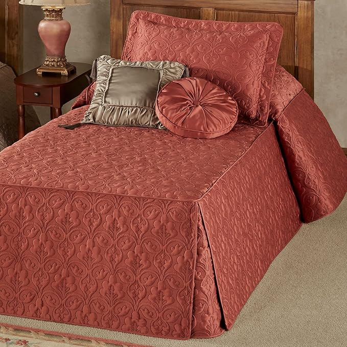 Cambridge Classic Luxury Bedding | Warm Cinnabar Solid Color Polyester Satin | Elaborate Damask Quilting | 2 Piece Bed Set Includes Twin Bedspread and Standard Pillow Sham | Also Fits Twin XL Beds