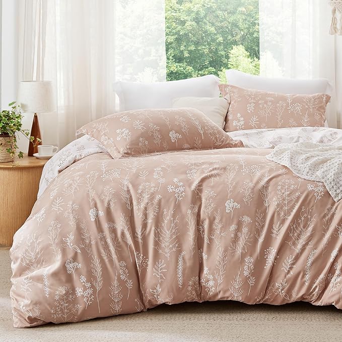 Bedsure Duvet Cover King Size - Reversible Pink King Duvet Cover Set with Zipper Closure, 3 Pieces Botanical Floral Patterned Bedding Set with 8 Corner Ties and 2 Pillow Shams