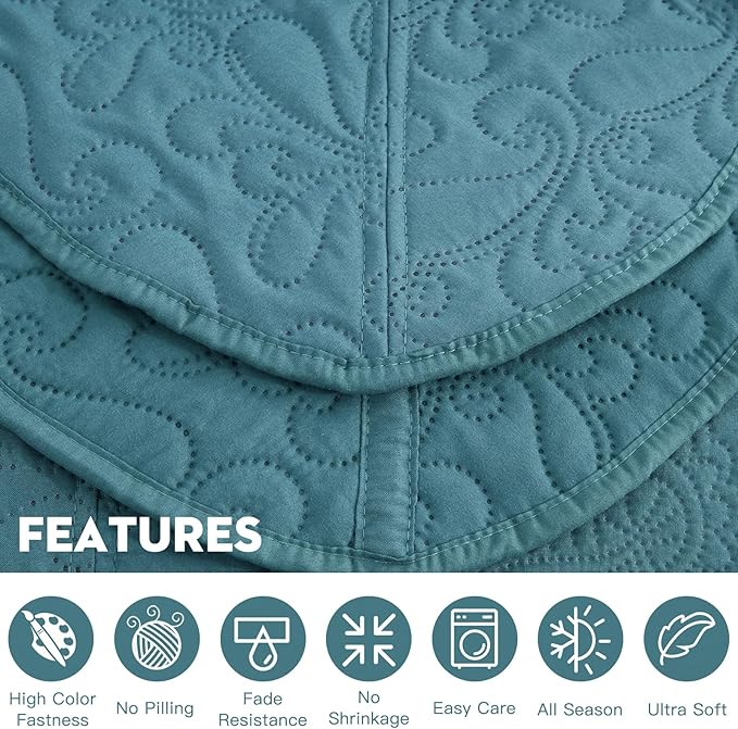 Oversized King Bedspread 128x120 Extra Wide, Ultrasonic Lightweight Bedding Cover, Paisley Pattern, Reversible, 5 Piece, 100% Microfiber, Lagoon