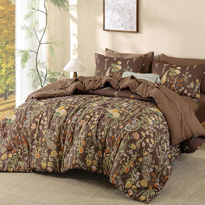 Yiran 7 Piece Brown Fall Comforter Set Queen Size, Floral Flowers Comforter Bedding Set, Bed in a Bag Queen, Soft Microfiber Complete Bedding Set with Sheets for All Season