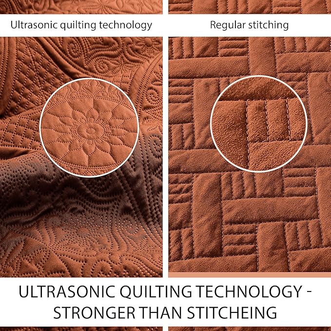 IR Imperial Rooms Twin Quilt Bedding Set Size (68” x 86”) + 1 Pillow Shams (20” x 26” + 2”) - 2 Pcs All Season Lightweight Reversible Microfiber Coverlet Floral Embossed Quilt Bedspread (Rust)
