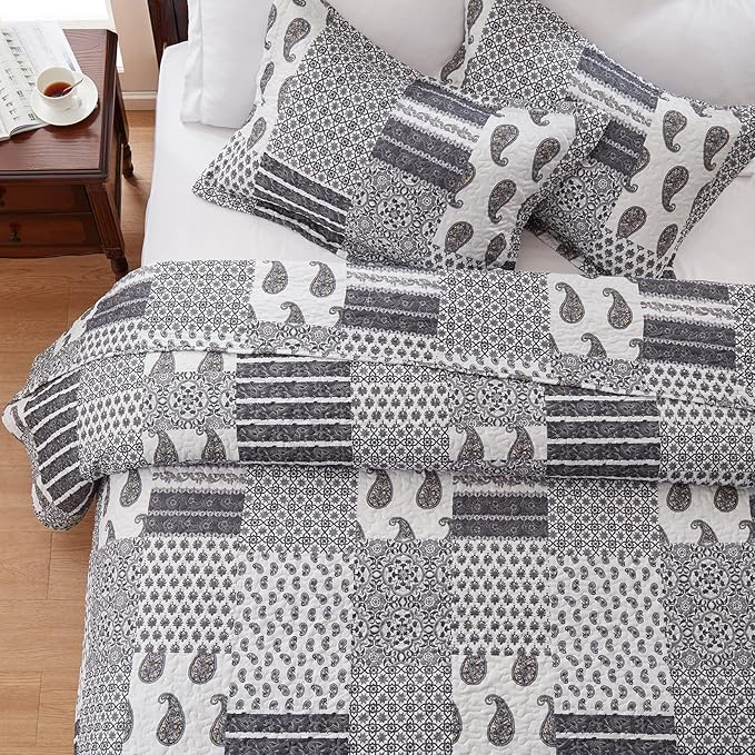 LEAONME Quilt Set Full/Queen Size 3 Piece Bedspread Coverlet Lightweight Comforter Microfiber Bedding Set for All Season Oversized 90x98 Inch Bed Cover Floral Paisley Gray(1 Quilt,2 Pillow Shams)