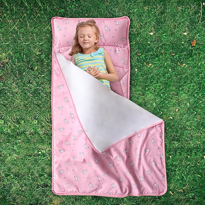 Toddler Nap Mat with Blanket 50" x 21" x 1.5", Nap Mat for Boys Girls Super Soft and Cozy, Kids Sleeping Bag for Preschool, Daycare, Toddler Sleeping Bag, Pink Horse