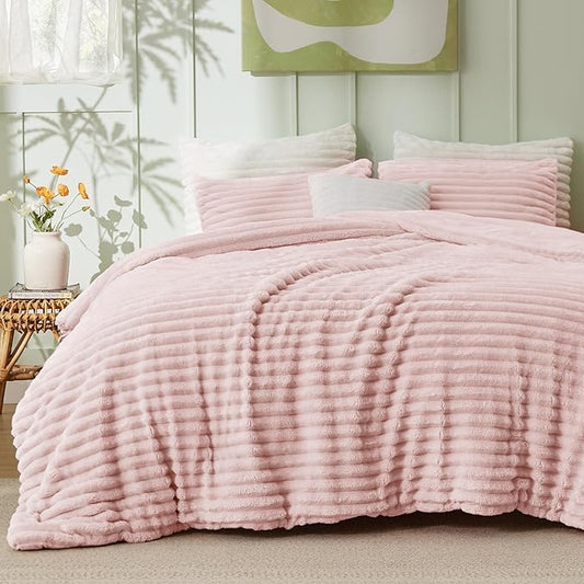 Bedsure King Size Comforter Set - GentleSoft™ 3 Pieces Fluffy Double-Side Fleece Comforter Set, Cozy Striped Room Decor Aesthetic, Luxury Pink King Bedding with 2 Pillowcases, 104x90 Inches