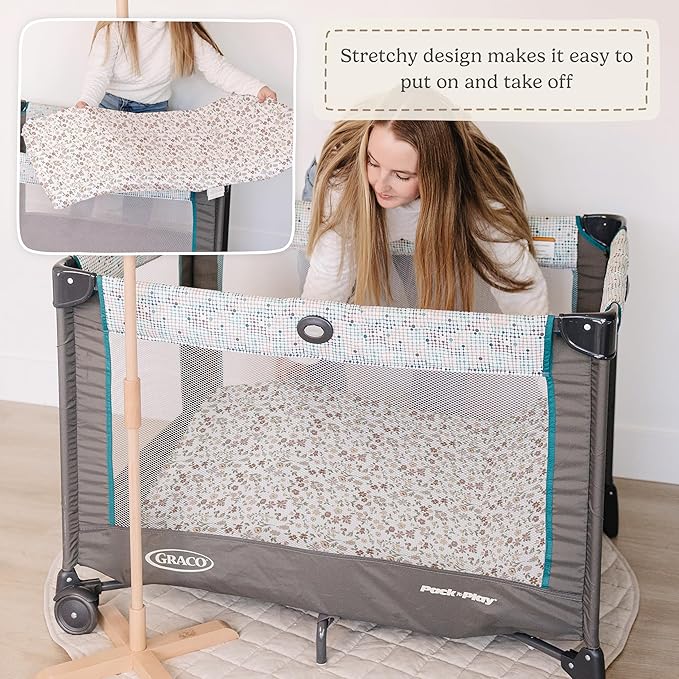 Pack and Play Sheets Fitted, Mini Crib Sheets for Graco Pack N Play Playard (38x26), Ultra Soft Organic Cotton Blend, Safe & Snug Playpen Mattress Sheet for Baby Boys & Girls – Fleurette, 2-Pack