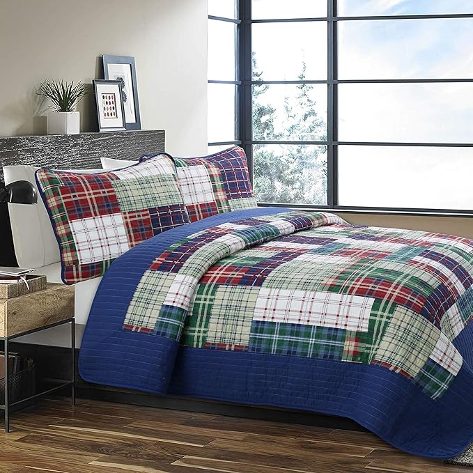 Cozy Line Home Fashions Nate Patchwork Quilt Set, Green Red Navy White 100% Cotton Reversible Coverlet Bedspread for Boy (Nate Patchwork, Twin - 2 Piece)