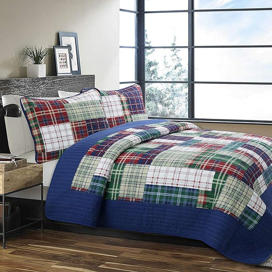 Cozy Line Home Fashions Nate Patchwork Quilt Set, Green Red Navy White 100% Cotton Reversible Coverlet Bedspread for Boy (Nate Patchwork, Queen - 3 Piece)