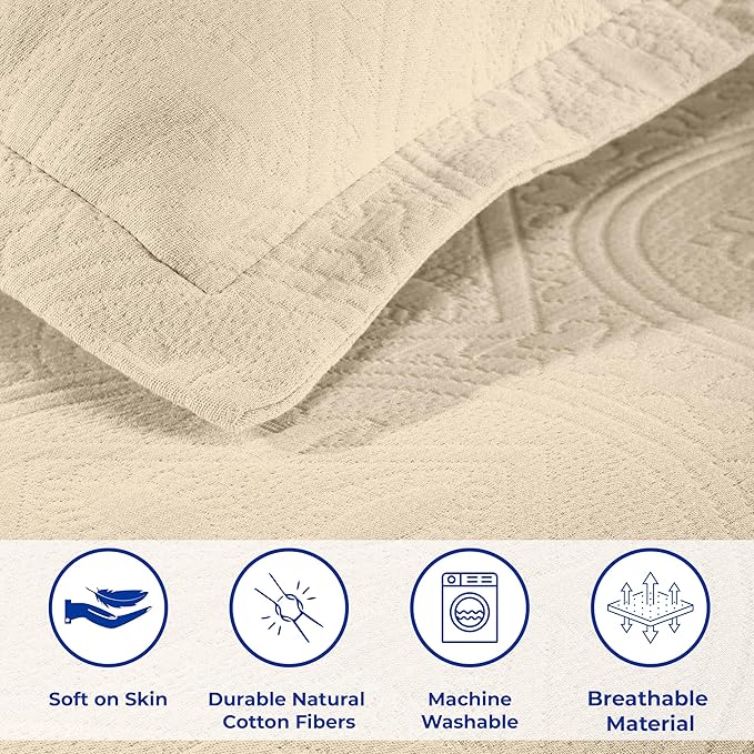 Superior 2 Piece Celtic Circles Cotton Bedspread Set, Decorative Bed Spread, Home Bed Decor, 1 Pillow Sham, Medium Weight Blanket, Matelasse Coverlet Bedding, Wedding Ring Design, Twin, Ivory