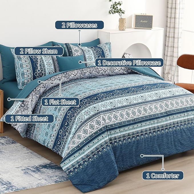 Cottolester Boho Comforter Set California King Size 8 Pieces, Teal Blue Comforter Bohemian Striped Bed in A Bag, Soft Microfiber Bedding Set for All Seasons