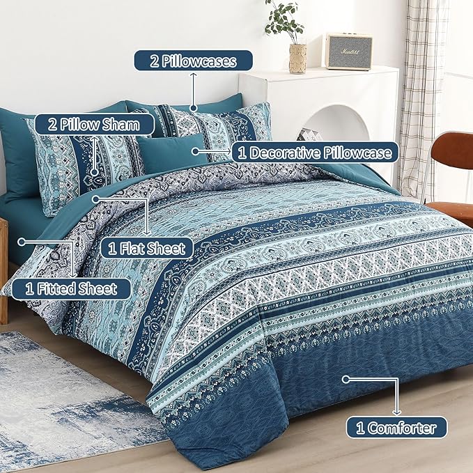 Cottolester Boho Full Size Comforter Set 8 Pieces, Teal Blue Comforter Bohemian Striped Bed in A Bag, Soft Microfiber Bedding Set for All Seasons