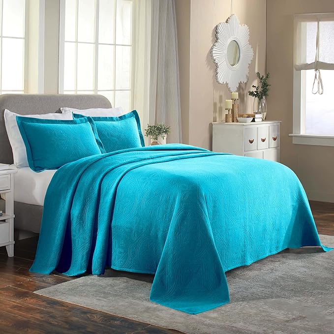 Superior 2 Piece Celtic Circles Cotton Bedspread Set, Decorative Bed Spread, Home Bed Decor, 1 Pillow Sham, Medium Weight Blanket, Matelasse Coverlet Bedding, Wedding Ring Design, Queen, Peacock Blue