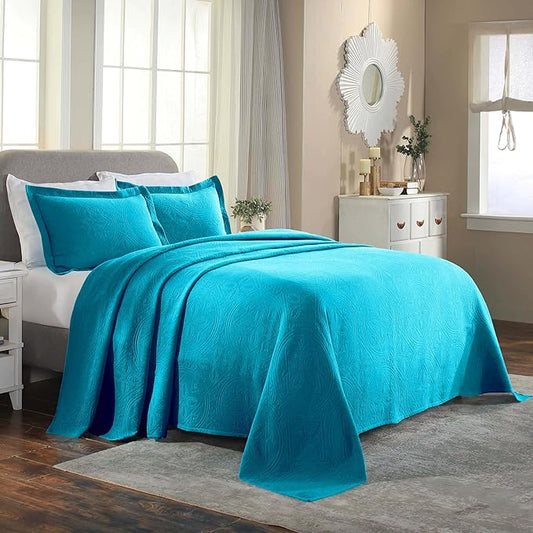 Superior 2 Piece Celtic Circles Cotton Bedspread Set, Decorative Bed Spread, Home Bed Decor, 1 Pillow Sham, Medium Weight Blanket, Matelasse Coverlet Bedding, Wedding Ring Design, Queen, Peacock Blue