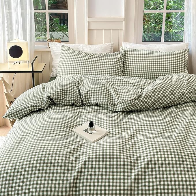 LifeTB Green Gingham Comforter Set California King Modern Style Green Plaid Grid Comforter with 2 Pillowcases Soft Fluffy Checkered Pattern Comforter Farmhouse Gingham Bedding Set Breathable