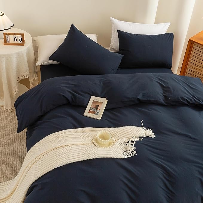 ECOCOTT Navy Blue Duvet Cover Twin Size - 100% Washed Cotton Durable Soft Comfy Duvet Cover Set, 3 Pieces Duvet Cover with Zipper Closure (Navy Blue, 68''x90'')