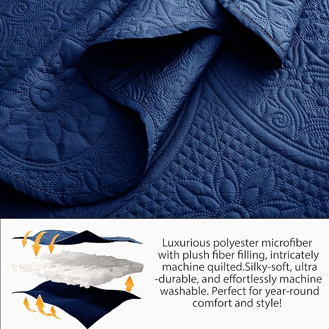 MOONLIGHT20015 King Quilt Bedding Set Size (106" x 96") + 2 Pillow Shams (20" x 36"+ 2") - 3 Pcs All Season Lightweight Reversible Quilt Bedspread Microfiber Floral Embossed Coverlet (Navy)