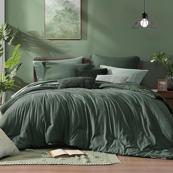 Monbix Oversized King Comforter Set - 7 Pieces Cationic Dyeing Deep Forest Bed in a Bag Bed Sets with Comforter, Sheets, Pillowcases & Shams, Reversible Bedding Comforters Sets (120 * 98)