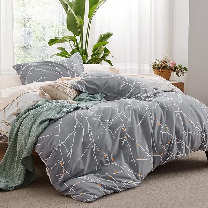 Bedsure Duvet Cover Queen Size - Reversible Tree Branch Duvet Cover Set with Zipper Closure, 3 Pieces Grey Bedding Set with 8 Corner Ties and 2 Pillow Shams 20"x26"
