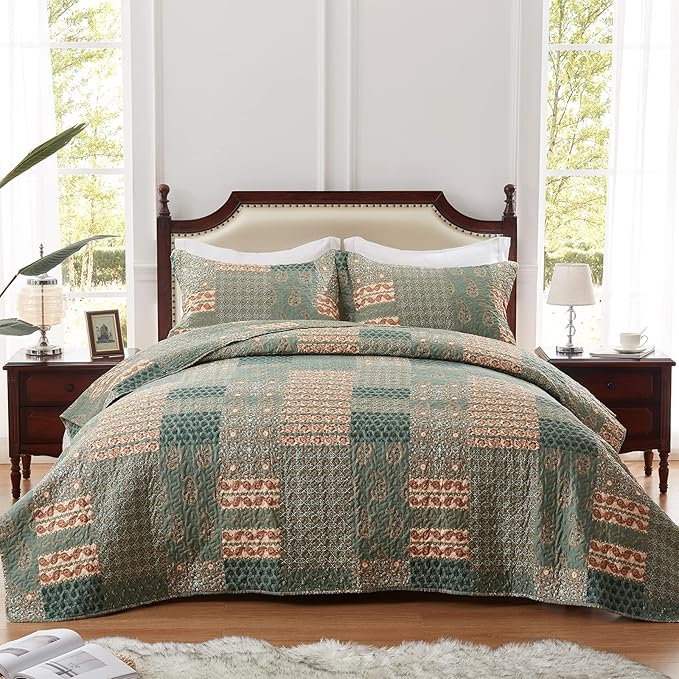 LEAONME Quilt Set King Size 3 Piece Bedspread Lightweight Microfiber Floral Paisley Olive Green, 98x106 Inch